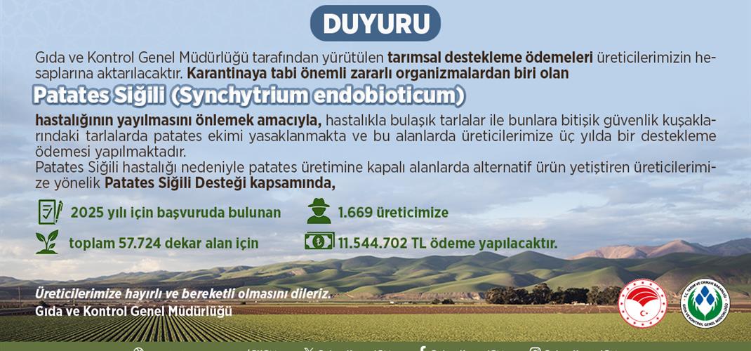 GIDA VE KONTROL GENEL MÜDÜRLÜĞÜ TARAFINDAN YÜRÜTÜLEN TARIMSAL DESTEKLEME ÖDEMELERİ ÜRETİCİLERİMİZİN HESAPLARINA AKTARILACAKTIR.