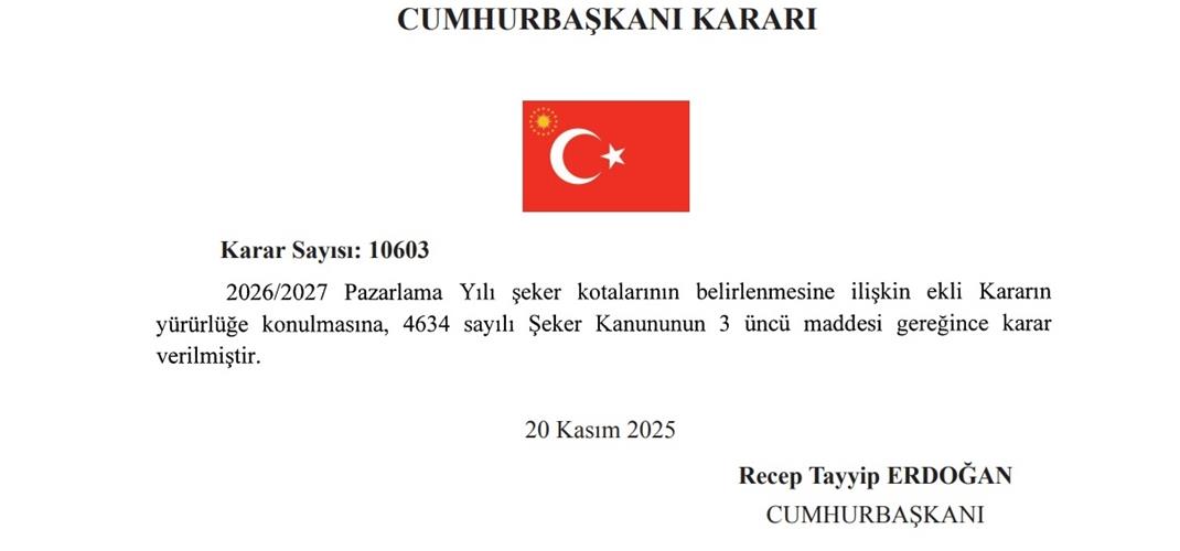 2026/2027 PAZARLAMA YILI KOTALARI BELİRLENDİ