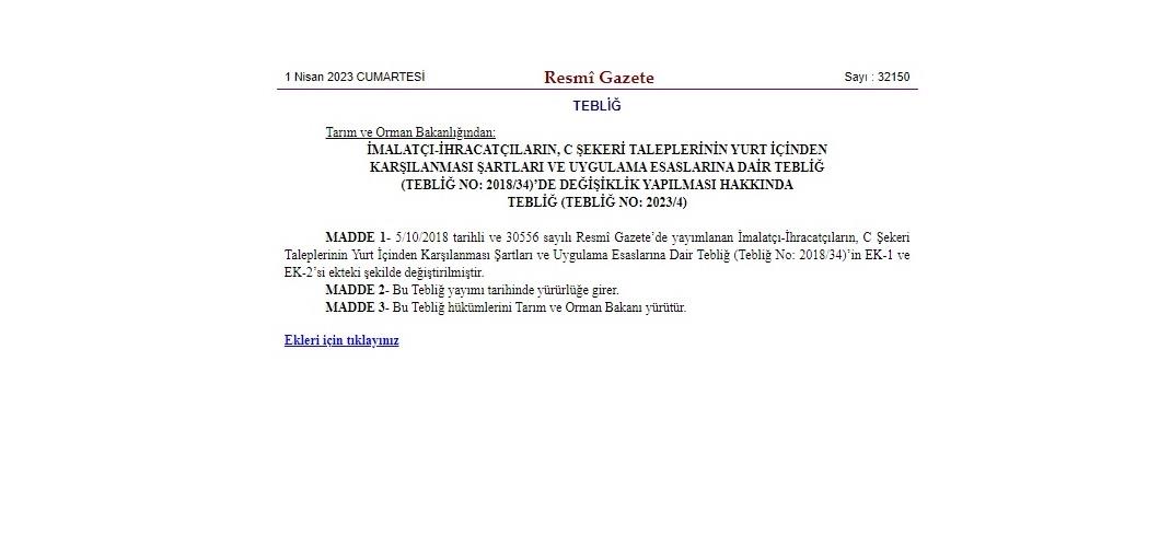 C ŞEKERİ TEBLİĞ DEĞİŞİKLİĞİ